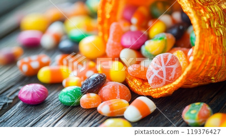 A vibrant assortment of candies spills from an orange basket onto a rustic wooden surface, showcasing an array of shapes and colors 119376427