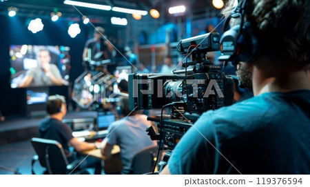 A cameraman films a scene on a studio set, with other crew members working in the background. 119376594