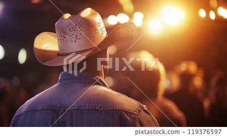 A man in a cowboy hat stands facing a crowd at a vibrant country music event, enjoying the lively atmosphere as lights illuminate the surroundings. 119376597