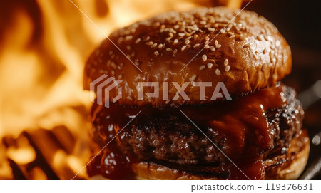 A succulent burger with a sesame seed bun sits atop a grill, coated in rich barbecue sauce, surrounded by dancing flames, indicating a perfect cookout ambiance. 119376631