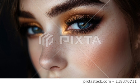 This close-up features a model with striking golden eyeshadow and defined features, highlighting her captivating blue eyes and flawless skin. 119376711