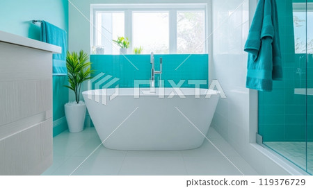 A white bathtub sits in a modern bathroom with teal tile, a white countertop, and a window. There are two towels hanging on the wall, one in a bathroom stall and the other on a rack 119376729