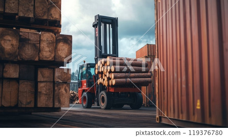 A forklift lifts a stack of timber logs at a lumber yard, surrounded by shipping containers under a cloudy sky. 119376780