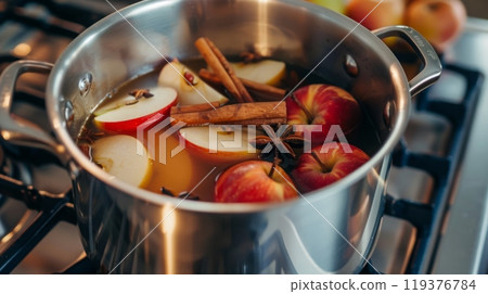 Fresh apple slices, cinnamon sticks, and spices are simmering in a pot, creating a fragrant blend on the stovetop. 119376784