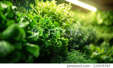 A close-up shot of lush green lettuce and herbs growing indoors under artificial light. The vibrant foliage is arranged in a vertical garden, showcasing the beauty of fresh, organic produce. 119376787
