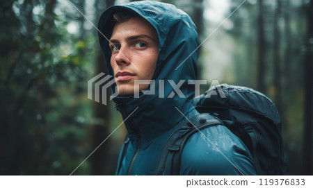 A young person dressed in a blue rain jacket gazes thoughtfully while surrounded by tall trees in a dense, misty forest during rainfall. The atmosphere feels serene yet mysterious. 119376833