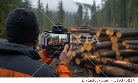 A photographer focuses on the camera screen displaying stacked logs in a serene forest clearing during early morning. 119376834