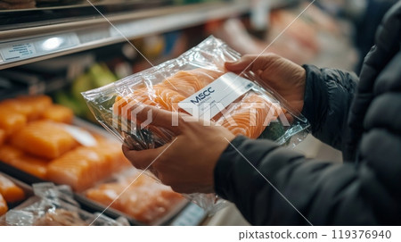 A shopper inspects a package of salmon fillets while browsing in the seafood section of a grocery store. 119376940
