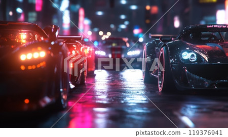 High-performance cars line a vibrant city street at night, illuminated by neon lights reflecting on the wet pavement. 119376941