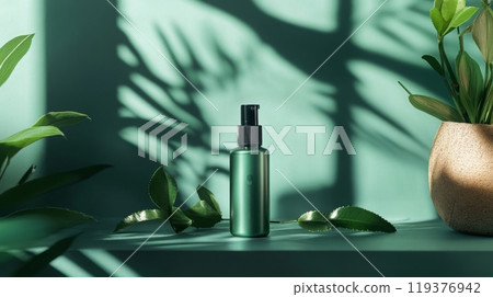 A green bottle of lotion with a black pump sits on a green surface. There are green plants on either side of the bottle, and shadows cast on the wall from leaves 119376942