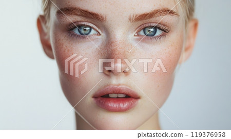 A young woman gazes directly at the viewer, showcasing her beautiful blue eyes and natural freckles, enhanced by soft lighting that accentuates her delicate features and youthful glow. 119376958