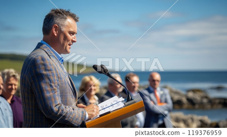 A man addresses an audience at a coastal event, with a serene ocean backdrop under a sunny sky. The gathering captures a moment of community engagement. 119376959