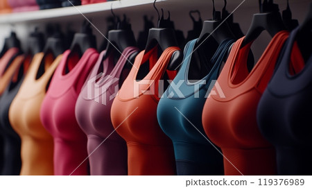 A vibrant array of activewear tops hangs on display in a fitness clothing store, showcasing various colors and styles designed for athletic activities, inviting customers to explore and try them on. 119376989