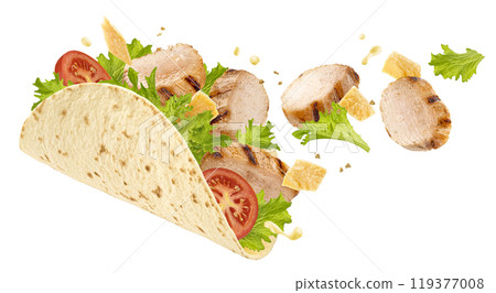 Chicken Caesar roll isolated on white background, package design element 119377008