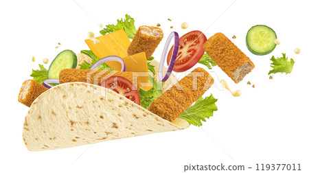 Doner kebab with fish fingers, falling shawarma ingredients isolated on white background, full depth of field 119377011