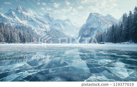 Empty ice surface, frozen mountain lake, winter mountains landscape with copy space, display product montage 119377019