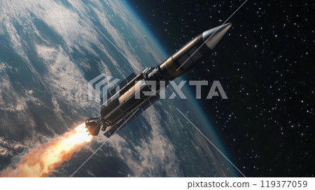 A rocket is ascending into space, leaving a trail of fire as it departs from Earth. The curvature of the planet is visible against the dark expanse of the universe, creating a striking contrast. 119377059