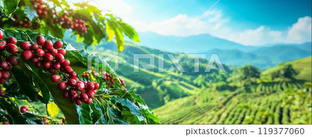 Red coffee beans on branches, coffee plantation hills, beautiful asian landscape background with copy space 119377060