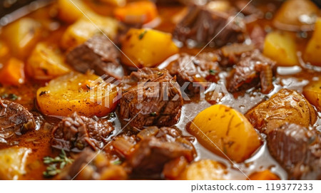 Tender chunks of beef and assorted vegetables simmer in rich broth, creating a warm, comforting dish. 119377233