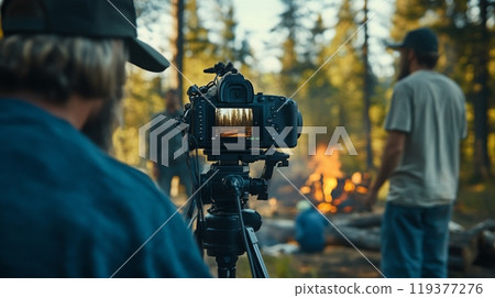 A photographer focuses on wild landscapes with a camera while a few individuals stand by a campfire, enjoying nature in the warm glow of the evening. 119377276