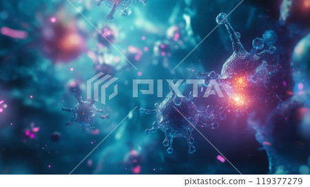 This visual displays vibrant microscopic cells in an abstract biological landscape, offering a captivating exploration of cellular life and interactions in a dynamic environment. 119377279