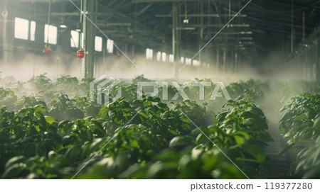 A field of potato plants are being misted with water in a greenhouse environment. A field of potato plants are being misted with water in a greenhouse environment. 119377280
