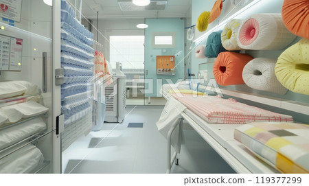 Assorted yarn skeins of different colors and textures neatly arranged in a room, creating a colorful and vibrant display. 119377299