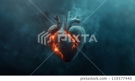 A heart shaped object made of stone is engulfed in smoke. The heart glows with orange flames in the center of the image. The background is dark blue with smoke. A heart shaped object made of stone is engulfed in smoke. The heart glows with orange flames in the center of the image. The background is dark blue with smoke. 119377440
