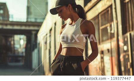 A young woman stands gracefully in an urban alley, dressed in a sleeveless top and joggers. The soft golden light highlights her figure against the textured backdrop of graffiti and buildings. 119377447