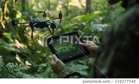 A person operates a drone over a lush forest, using a tablet to monitor wildlife activities and environmental health. 119377549
