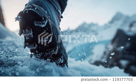The image shows a close-up of a black hiking boot with metal cleats on the sole, standing on a snowy mountain trail. 119377703