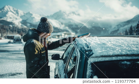A person is removing snow from a parked vehicle in a picturesque winter setting, surrounded by snow-covered mountains and a clear blue sky, reflecting the beauty of the cold season. 119377704