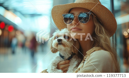 A woman with long blonde hair wears a wide-brimmed straw hat and sunglasses. She holds a small white dog in her arms as she stands in a busy public space with people walking by. 119377713
