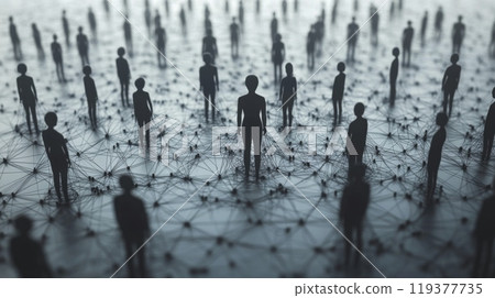Abstract figures stand amidst a network of connections, symbolizing diversity and interaction in a digital landscape, reflecting modern society's complexity. 119377735