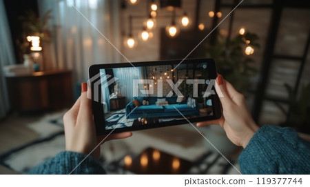 A person holds a mobile device to photograph a beautifully decorated living room featuring a blue couch, warm lighting, and cozy decor. The inviting atmosphere showcases modern design elements. 119377744