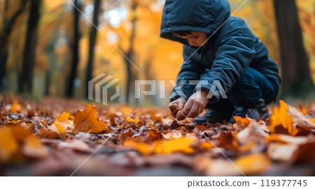 In a vibrant park during autumn, a young child bends down to gather acorns from the ground. Surrounding trees display colorful leaves, creating a picturesque and tranquil atmosphere. 119377745