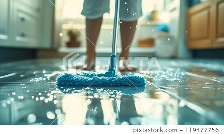A person is mopping the kitchen floor, their feet bare on the wet tiles. Sunlight streams through the window, creating a warm atmosphere, with droplets of water splashing around. 119377756