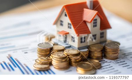 A small model house is placed atop stacks of coins, emphasizing the relationship between property ownership and financial investment. This setup highlights the value of investing in real estate. 119377797
