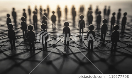 A cluster of silhouetted figures is interconnected on a network grid, representing teamwork and collaboration. This striking visual emphasizes unity in a modern context, highlighting relationships. 119377798