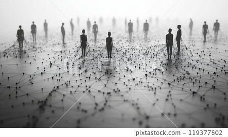 In a misty environment, multiple silhouetted figures stand among complex connections on the ground, suggesting interaction and shared experiences, evoking a sense of connectivity. 119377802