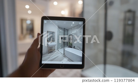 A person holds a tablet displaying a bathroom design while standing in a contemporary space featuring sleek fixtures. 119377804