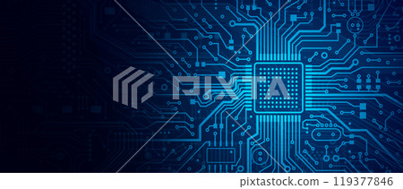 Illustration of computer processor chip on circuit board, empty space. Panorama 119377846