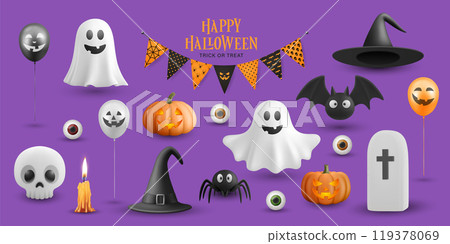 3D Halloween Cartoon Icons Set. Spooky, Cute, Fun Halloween Illustrations for Festive Decorations. Trick or Treat, Haunted Concept. Halloween Cartoon Graphics, Design Template Collection 119378069
