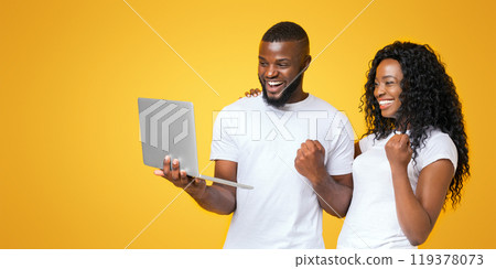 A man and woman are both smiling and looking at a laptop screen with excitement. A man and woman are both smiling and looking at a laptop screen with excitement. 119378073