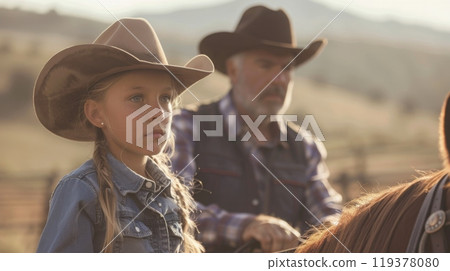 A young girl wearing a cowboy hat stands beside an older man in a ranch setting, both focused and serious during a late afternoon outing. 119378080