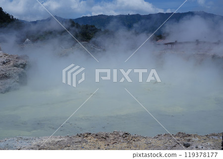 The Sikidang crater in Dieng features a greenish, acidic pool 119378177