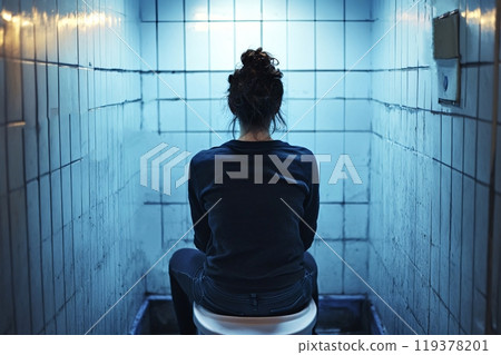 Young woman sitting alone on toilet in public restroom feeling sad Young woman sitting alone on toilet in public restroom feeling sad 119378201
