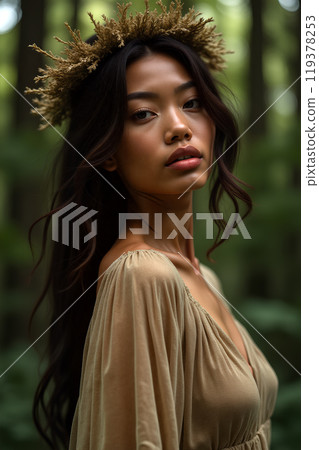 A young woman with long hair and a crown of dried flowers poses gracefully in a lush green forest 119378253