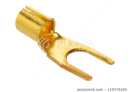 Gold Fork Terminal Connector Close Up Isolated on White Gold Fork Terminal Connector Close Up Isolated on White 119378260