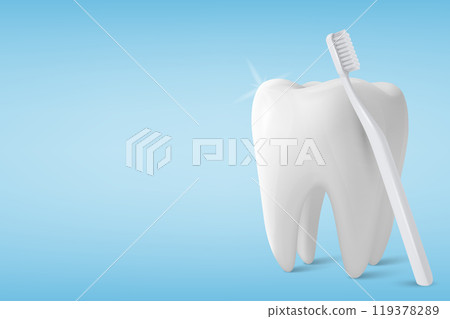 Vector 3D Realistic Tooth with Toothbrush. Tooth Cleaning, Dental Care, Hygiene. Tooth Illustration for Dental Care, Health, Oral Care Concept. Vector Tooth and Toothbrush Design 119378289